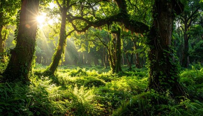 Obraz premium Sunlight streams through a vibrant, lush forest, illuminating the verdant undergrowth and ancient trees.