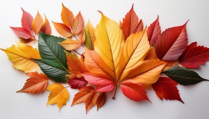 colorful autumn leaves arrangement on white background creating a beautiful natural texture ideal for seasonal decor and elegant design projects
