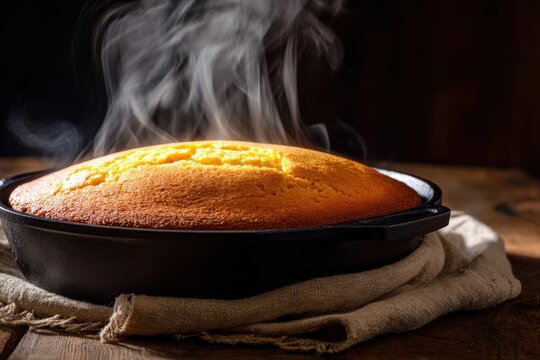 Freshly baked steaming cornbread in a cast iron skillet on a rustic wooden table.