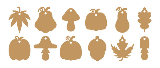 Set of gift tag designs with fall elements shapes. Vector templates for cutting with craft paper or cardboard. Autumn tag stencils	with pumpkin, mushrooms, leaves and acorn