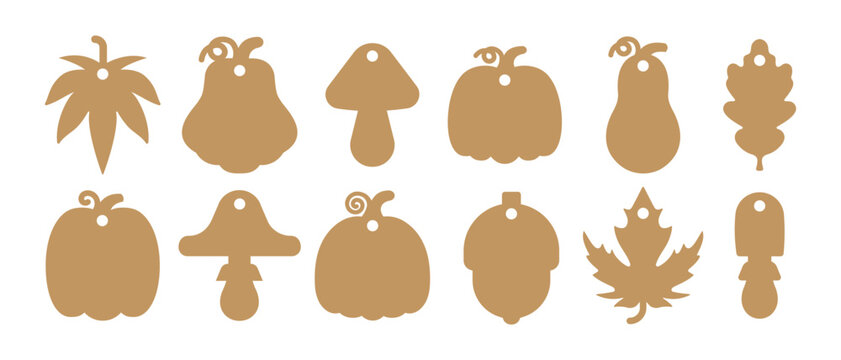 Set of gift tag designs with fall elements shapes. Vector templates for cutting with craft paper or cardboard. Autumn tag stencils	with pumpkin, mushrooms, leaves and acorn