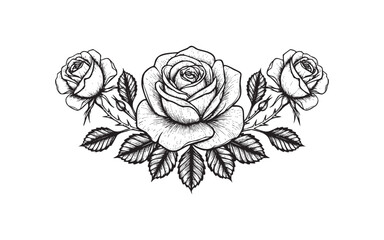 Elegant Hand-Drawn Black and White Rose Arrangement with Leaves and Thorns