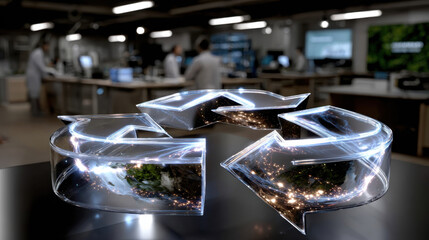 An artistic representation of a recycling symbol, illuminated with soft lights, illustrating the intersection of design, sustainability, and innovation in a contemporary studio setting.