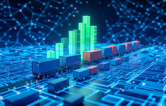 A digital illustration depicts a line of cargo containers moving along a circuit board, with a growing green bar graph symbolizing increasing efficiency and growth in logistics and supply chain manage