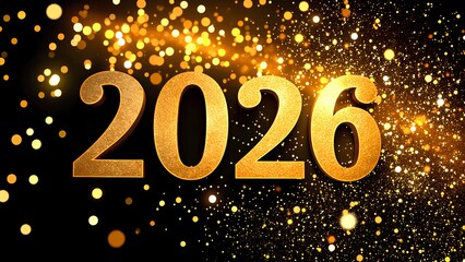 A sparkling golden representation of the year "2026," surrounded by shimmering lights on a dark background.