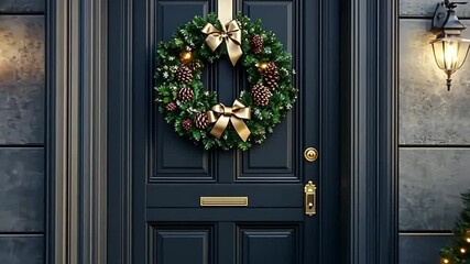 A dark front door adorned with a festive wreath. Two decorated evergreen trees flank the entrance, illuminated by warm lights. - Powered by Adobe