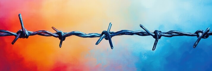 A wire fence with a blue and orange background