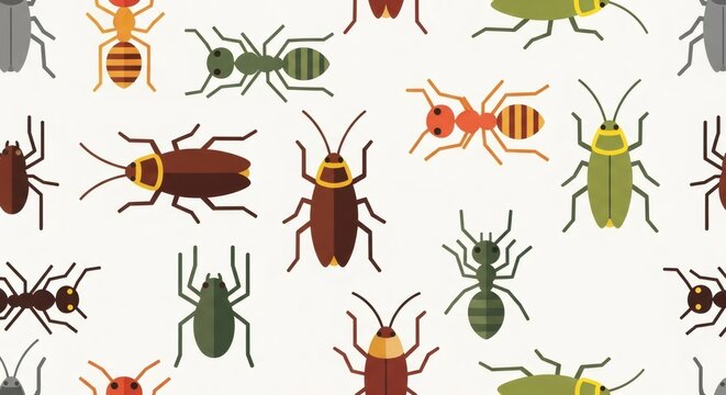 Various insects and pests pattern illustration. Pest control concept. Flat icon set of common house bugs for infestation awareness.