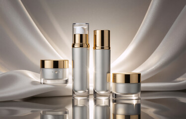 Elegant skincare product set displayed on luxurious silk.  The bottles and jars feature a sleek, modern design with gold accents.  High-end beauty products.