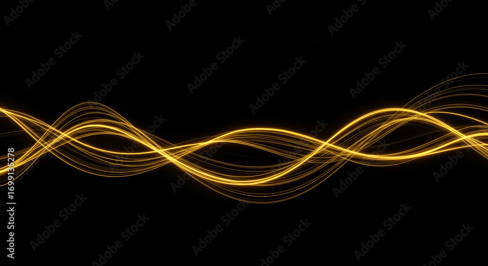 Poster dynamic golden light waves flow smoothly across a dark background, creating an energetic abstract vi