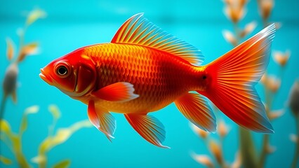 Fototapeta premium Red goldfish swimming gracefully in clear water, surrounded by aquatic plants and soft blue light.