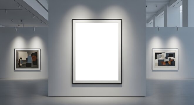 A modern art gallery space featuring three framed artworks. The central frame is blank, illuminated by spotlights, with abstract geometric paintings on either side.