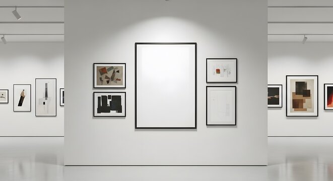 An expansive and brightly lit contemporary art gallery showcases a curated exhibition featuring abstract paintings and a prominent blank canvas at its center, inviting viewer interpretation.