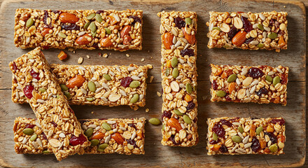 Deliciously wholesome granola bars packed with nuts, seeds, and dried fruit for a healthy energy boost