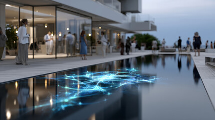 Obraz premium An elegant evening gathering is depicted by a modern pool with shimmering reflections, creating a vibrant ambiance filled with social interaction and connection.