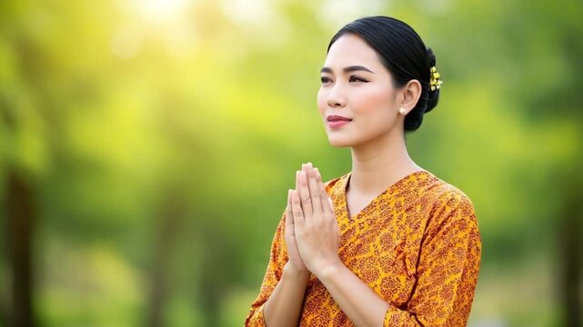 thai woman performing wai gesture outdoors smiling