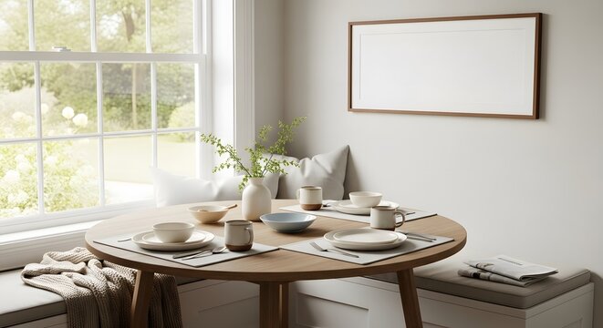 A bright and inviting breakfast nook featuring a round wooden table set for a meal, bathed in warm sunlight from a large picturesque window, creating a serene and welcoming atmosphere. - Powered by Adobe