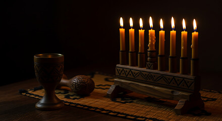 Illuminated Hanukkah Menorah with Lit Candles and Wine Cup.