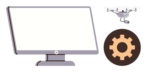 Computer monitor, camera quadcopter, and gear icon symbolizing innovation, automation, and technology. Ideal for software, tech startups, quadcopter mechanisms, product design IT solutions app