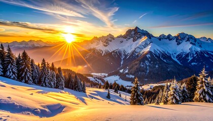 A breathtaking winter sunrise paints the snowy mountain peaks with golden light, illuminating a landscape of frosted pines and pristine snow.