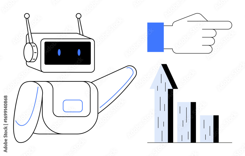 Poster robot pointing to a bar chart with arrow symbolizing growth, progress, and success. hand gesture dir