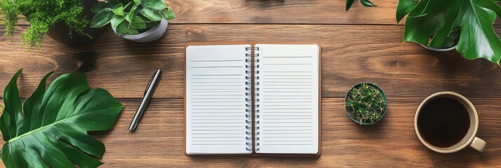 A notebook is open on a wooden table with a pen and a cup of coffee
