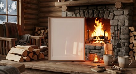 A warm and inviting log cabin scene featuring a crackling fireplace, comfortable seating, mugs of warm beverages, and a blank frame perfect for custom text or artwork.