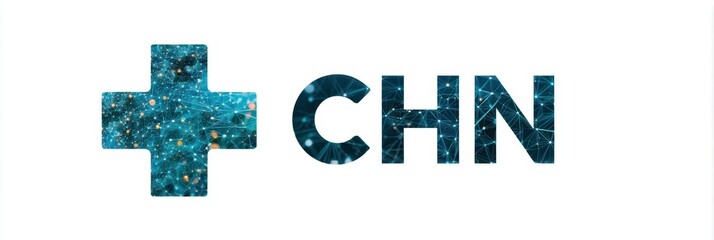 Obraz premium Health technology logo featuring a cross symbol and letters CHN connected by digital patterns and lights