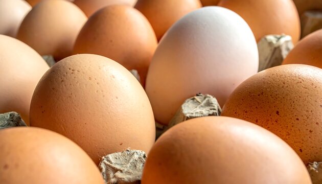 Close-up carton of brown eggs with one white egg