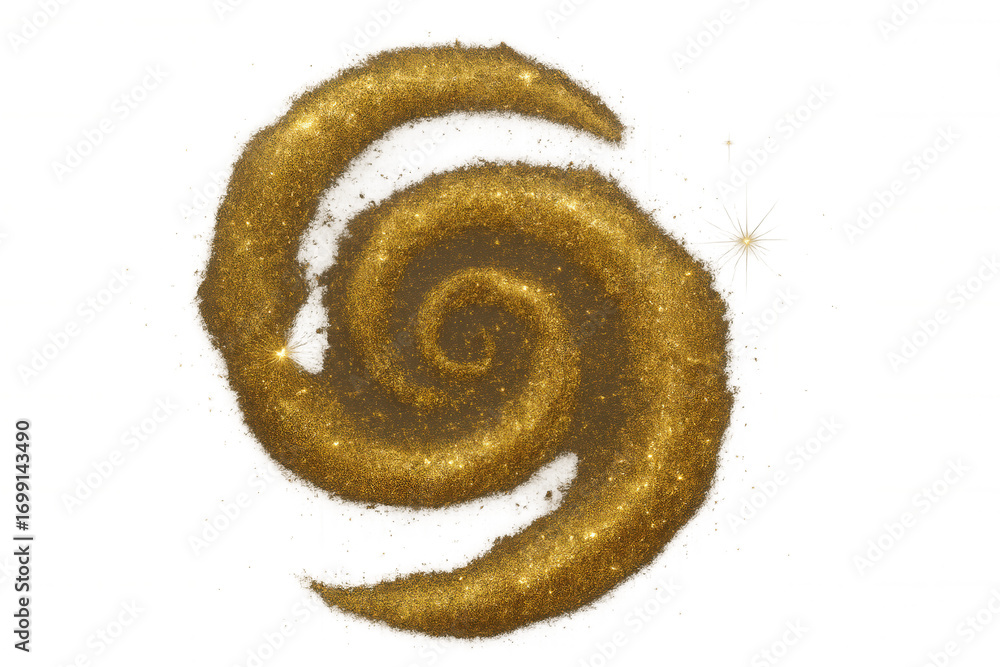 Poster glittering golden particles swirling in spiral formation, creating luminous dynamic movement against