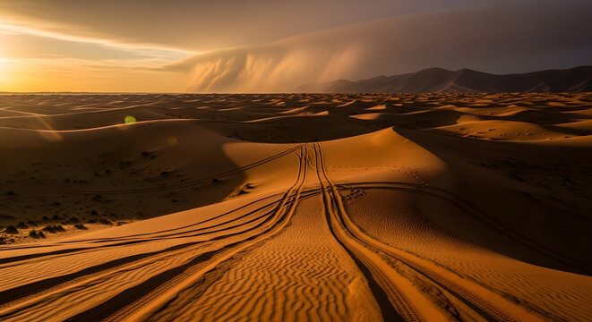 dramatic desert dunes with tire tracks at sunset