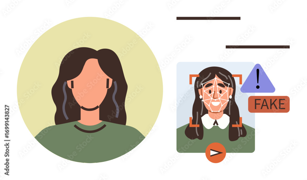 Aufkleber womans face on the left side, automated analysis on the right alert issues fake detection. ideal for