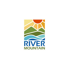 Mountain landscape, peak river creek logo with sunset sunburst vector illustration