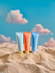 Three colorful pastel cosmetic tubes light blue orange and blue standing upright in a neat row with a matte finish.