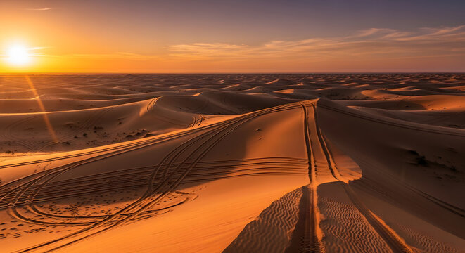 desert sunset sand dunes tire tracks - Powered by Adobe