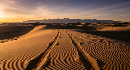 golden hour desert landscape with tire tracks
