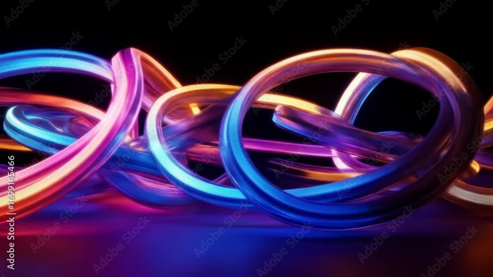 Poster abstract neon tubes forming circular shapes on a reflective surface with dark background
