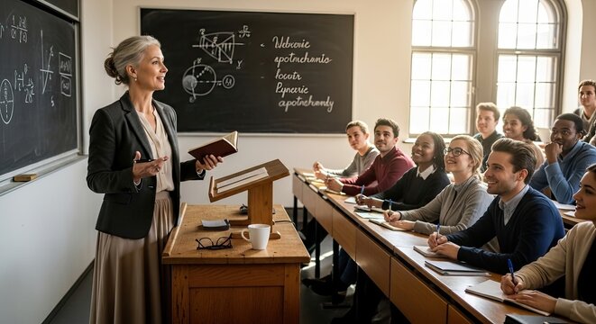 A teacher standing at a podium in a classroom, addressing a group of students.