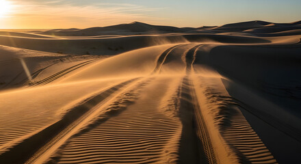 golden hour desert dunes with tire tracks and blowing sand