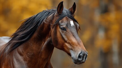 Fototapeta premium Majestic brown horse standing gracefully against a backdrop of autumn trees and golden leaves in a serene countryside landscape