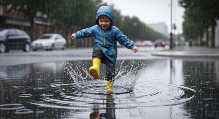 A young child in a blue jacket and yellow rain boots jumping in a puddle on a rainy day.