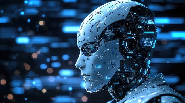 A humanoid robot with a metallic, cybernetic appearance, set against a blue and black digital background.
