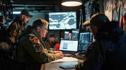 A man in a military uniform sits at a desk in a control room, surrounded by screens and other equipment.