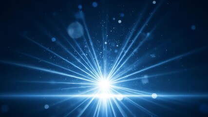 An abstract background of blue light rays and particles as a cinematic seamless loop. A glowing starburst with a lens flare on a reflective stage. An elegant motion graphic for an awards ceremony. - Powered by Adobe