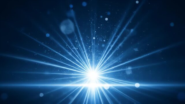 An abstract background of blue light rays and particles as a cinematic seamless loop. A glowing starburst with a lens flare on a reflective stage. An elegant motion graphic for an awards ceremony.