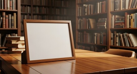 An empty, white bordered picture frame rests on a polished wooden desk surface, surrounded by tall, dimly lit bookshelves packed with old books creating a classic, academic atmosphere.
