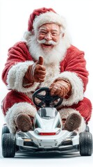 Santa Claus drives a go-kart with a cheerful expression, showcasing joy and fun during the holiday season