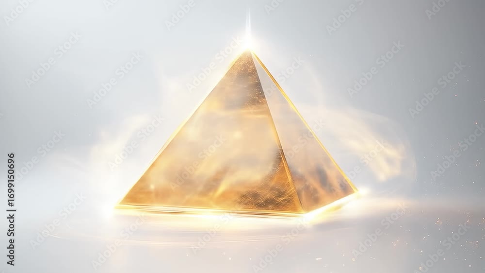 Aufkleber golden pyramid display animation with ethereal light and subtle movement on white background