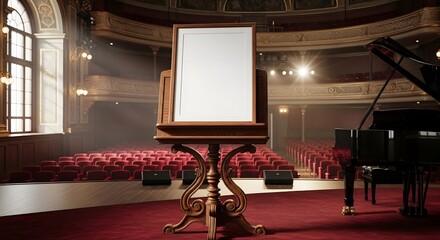Obraz premium An empty white sheet music stand sits center stage in a grand concert hall. A black grand piano is visible to the right, with rows of red velvet seats filling the background.