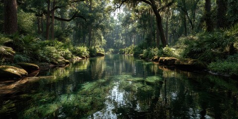 Naklejka premium Serene freshwater river flowing through a lush, green forest in the morning light